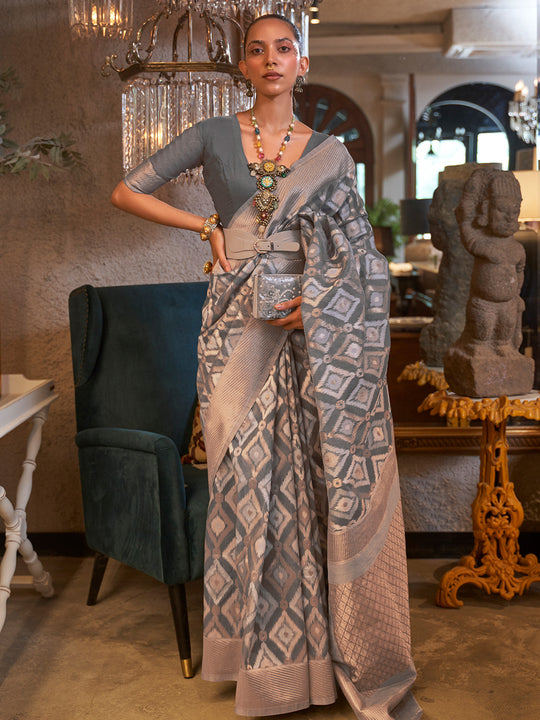 Grey Linen Blend Saree With Blouse Piece Grey Linen Blend Saree With Blouse Piece