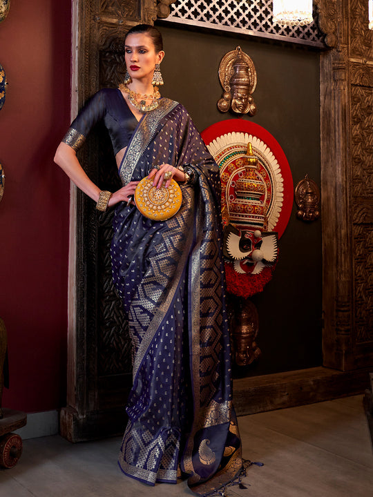 Blue Satin Saree With Blouse Piece Blue Satin Saree With Blouse Piece