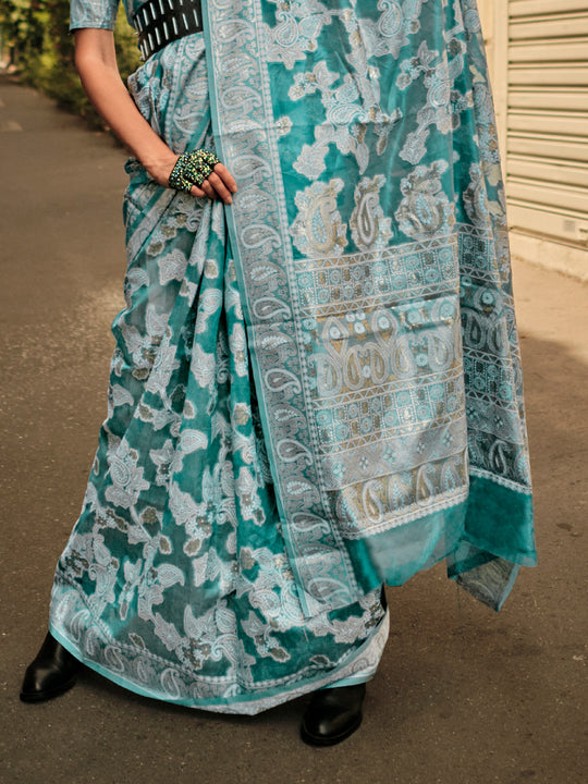 Blue Organza Chickankari Saree With Blouse Piece Blue Organza Chickankari Saree With Blouse Piece