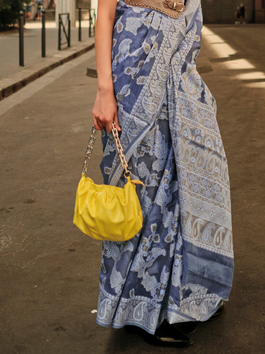 Blue Organza Chickankari Saree With Blouse Piece Blue Organza Chickankari Saree With Blouse Piece