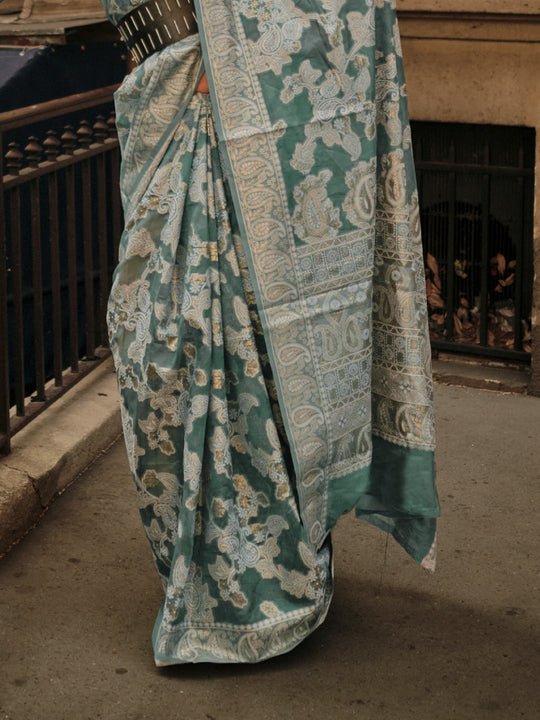 Green Organza Chickankari Saree With Blouse Piece Green Organza Chickankari Saree With Blouse Piece