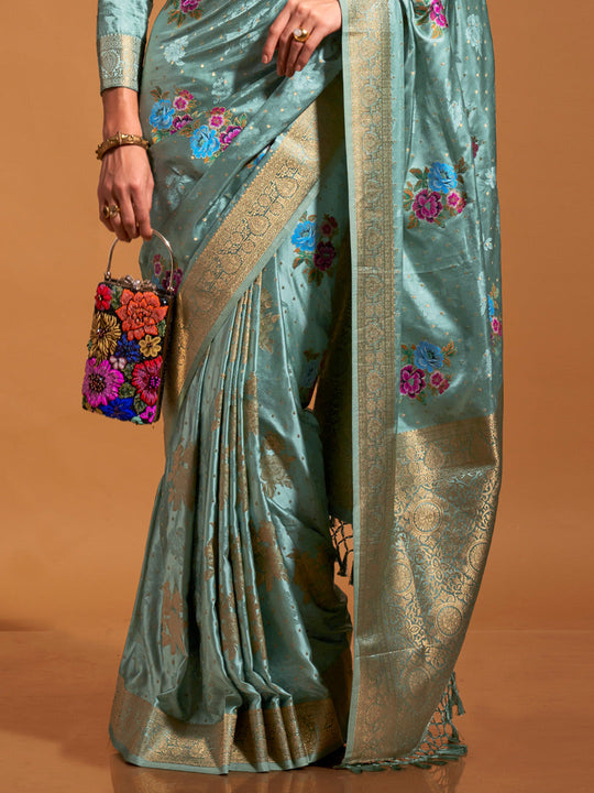 Green Satin Saree With Blouse Piece Green Satin Saree With Blouse Piece