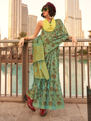 Green Printed Zari Tissue Saree With Blouse Piece
