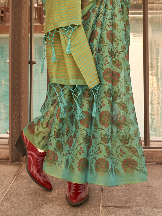 Green Printed Zari Tissue Saree With Blouse Piece Green Printed Zari Tissue Saree With Blouse Piece