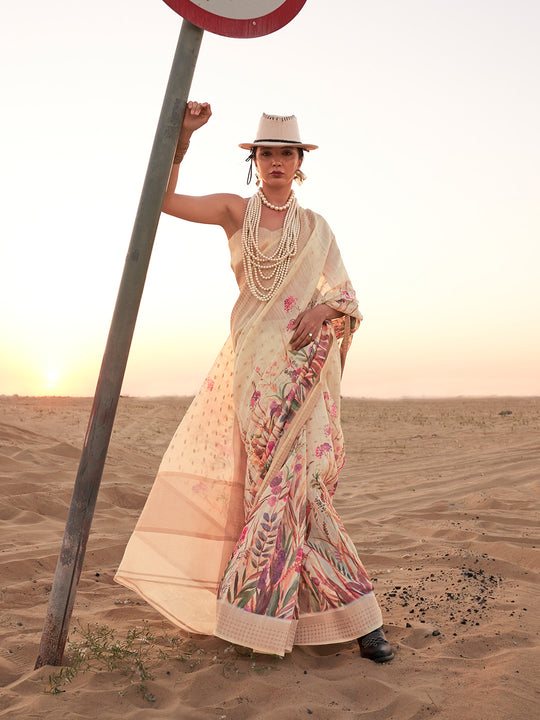 Yellow Printed Linen Blend Saree With Blouse Piece Yellow Printed Linen Blend Saree With Blouse Piece