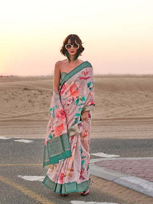Pink Printed Linen Blend Saree With Blouse Piece