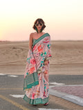 Pink Printed Linen Blend Saree With Blouse Piece Pink Printed Linen Blend Saree With Blouse Piece