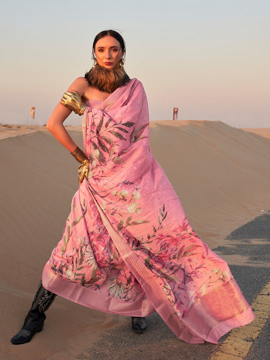 Pink Printed Linen Blend Saree With Blouse Piece Pink Printed Linen Blend Saree With Blouse Piece