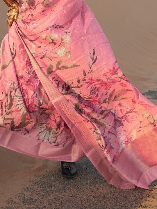 Pink Printed Linen Blend Saree With Blouse Piece Pink Printed Linen Blend Saree With Blouse Piece