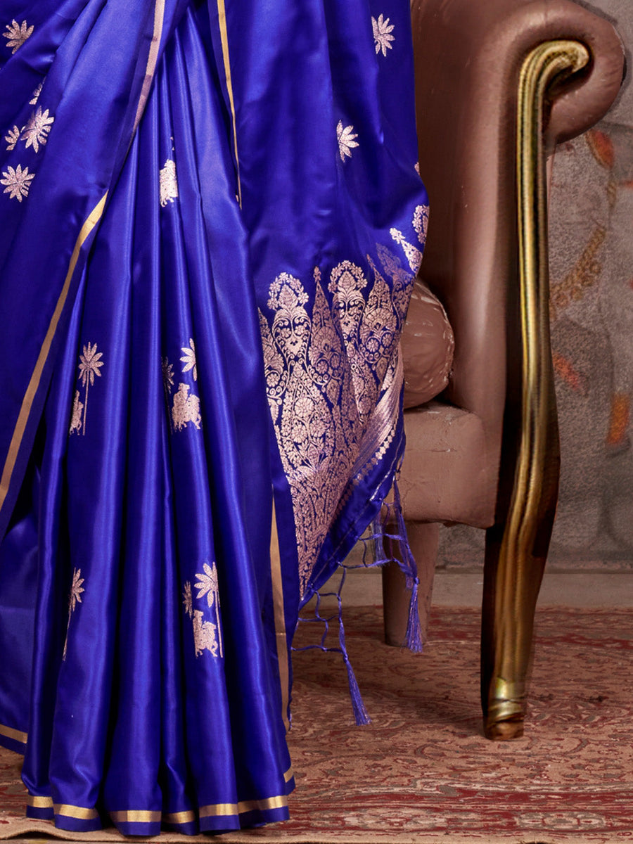 Soft Satin Silk Tourquise Blue Saree with Rich Zari Motifs, Contrast Border & Elegant Blouse