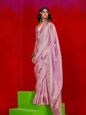 Pink Pure Self Zari Tissue Handloom Silk Saree With Blouse Piece