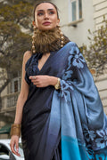 Black & Blue Satin Silk Saree With Blouse Piece Black & Blue Satin Silk Saree With Blouse Piece