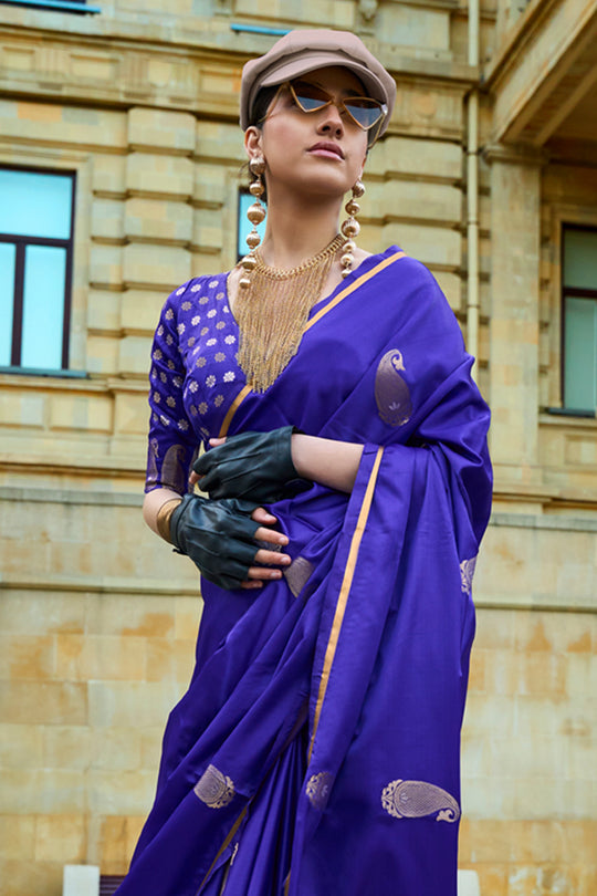 Blue Banarasi Silk Saree With Blouse Piece Blue Banarasi Silk Saree With Blouse Piece
