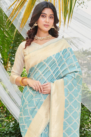 Sky Blue Cotton Thread Work Saree With Blouse Piece