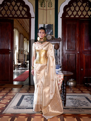 Cream Two-Tone Handloom Weaving Silk Saree With Blouse Piece