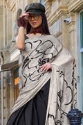 Black & White Satin Silk Saree With Blouse Piece Black & White Satin Silk Saree With Blouse Piece