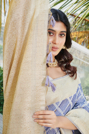 Blue Cotton Thread Work Saree With Blouse Piece