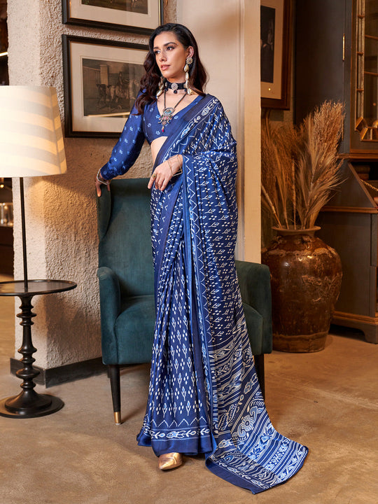 Blue Printed Satin Saree With Blouse Piece Blue Printed Satin Saree With Blouse Piece