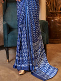 Blue Printed Satin Saree With Blouse Piece Blue Printed Satin Saree With Blouse Piece