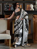 Black & White Printed Satin Saree With Blouse Piece Black & White Printed Satin Saree With Blouse Piece