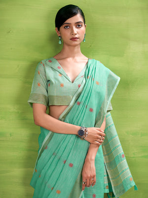 Sea Green Linen Silk Saree With Blouse Piece