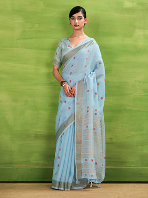 Sky Blue Linen Silk Saree With Blouse Piece