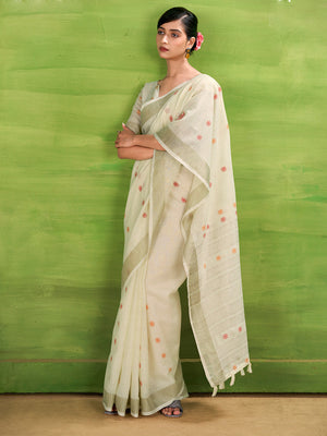 Cream Linen Silk Saree With Blouse Piece