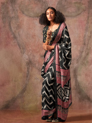 Black Ajarakh Print Satin Georgette Saree With Blouse Piece