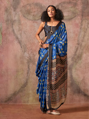 Violet Ajarakh Print Satin Georgette Saree With Blouse Piece