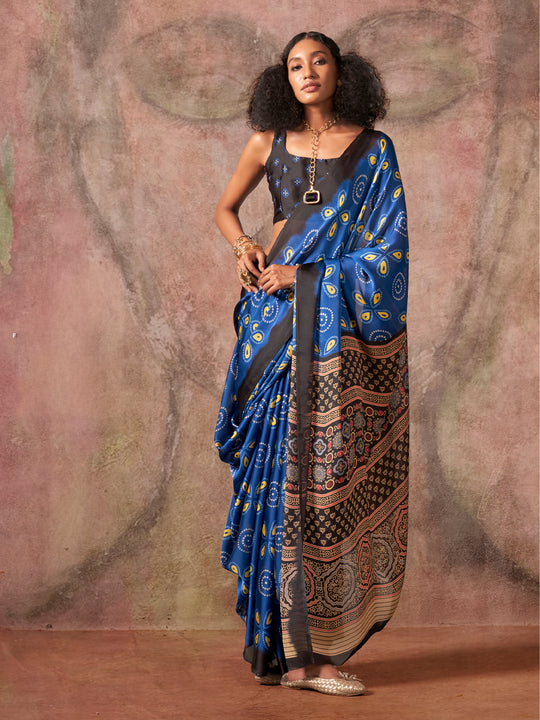 Violet Ajarakh Print Satin Georgette Saree With Blouse Piece Violet Ajarakh Print Satin Georgette Saree With Blouse Piece