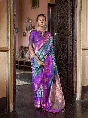 Jam Purple Pure Silk Pochampally Weaving Saree With Blouse Piece