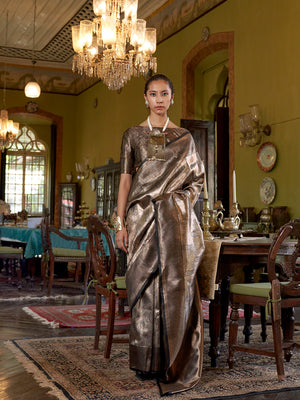 Copper Handwoven Kanjivaram Silk Saree With Blouse Piece