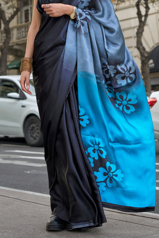Black & Blue Satin Silk Saree With Blouse Piece Black & Blue Satin Silk Saree With Blouse Piece