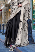 Black & White Satin Silk Saree With Blouse Piece Black & White Satin Silk Saree With Blouse Piece