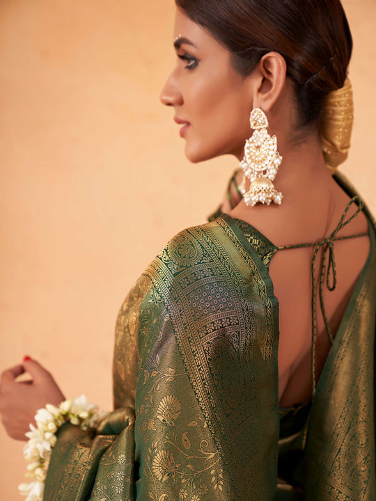 Bottle Green Kanjivaram Art Silk Saree With Blouse Piece Bottle Green Kanjivaram Art Silk Saree With Blouse Piece