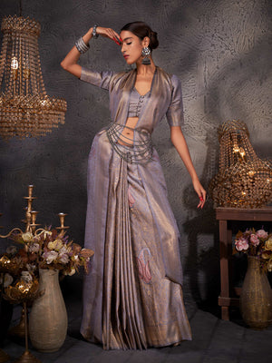 Grey Kanjivaram Art Silk Saree With Blouse Piece