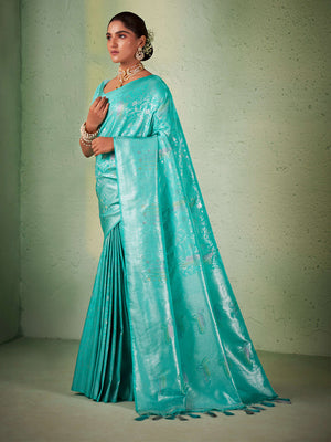 Turquoise Blue Kanjivaram Art Silk Saree With Blouse Piece