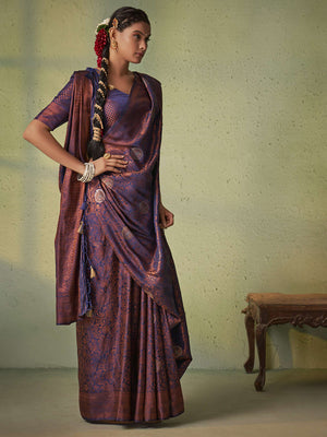 Navy Blue Kanjivaram Art Silk Saree With Blouse Piece