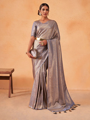 Grey Kanjivaram Art Silk Saree With Blouse Piece