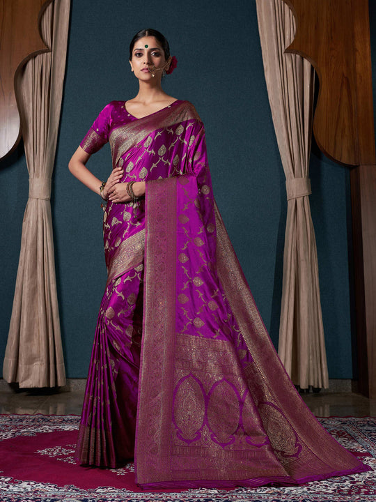 Wine Banarasi Satin Silk Saree With Blouse Piece Wine Banarasi Satin Silk Saree With Blouse Piece