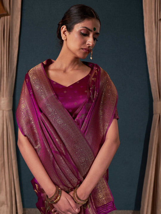 Wine Banarasi Satin Silk Saree With Blouse Piece Wine Banarasi Satin Silk Saree With Blouse Piece