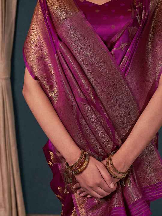 Wine Banarasi Satin Silk Saree With Blouse Piece Wine Banarasi Satin Silk Saree With Blouse Piece