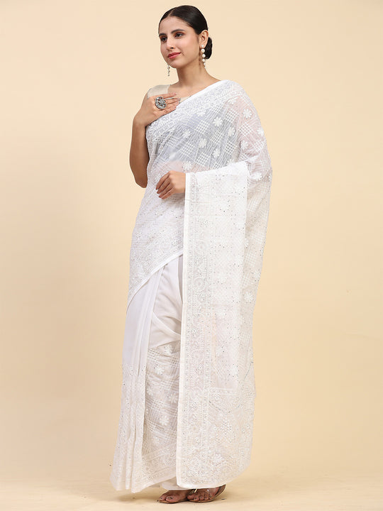 White Georgette Saree With Blouse Piece White Georgette Saree With Blouse Piece