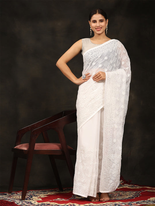 White Georgette Saree With Blouse Piece White Georgette Saree With Blouse Piece