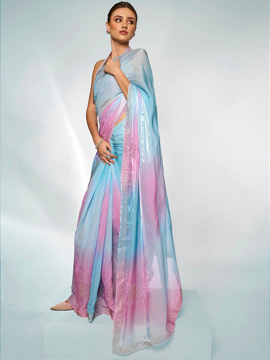 Lavender & Blue Organza Party Wear Saree With Blouse Piece Lavender & Blue Organza Party Wear Saree With Blouse Piece