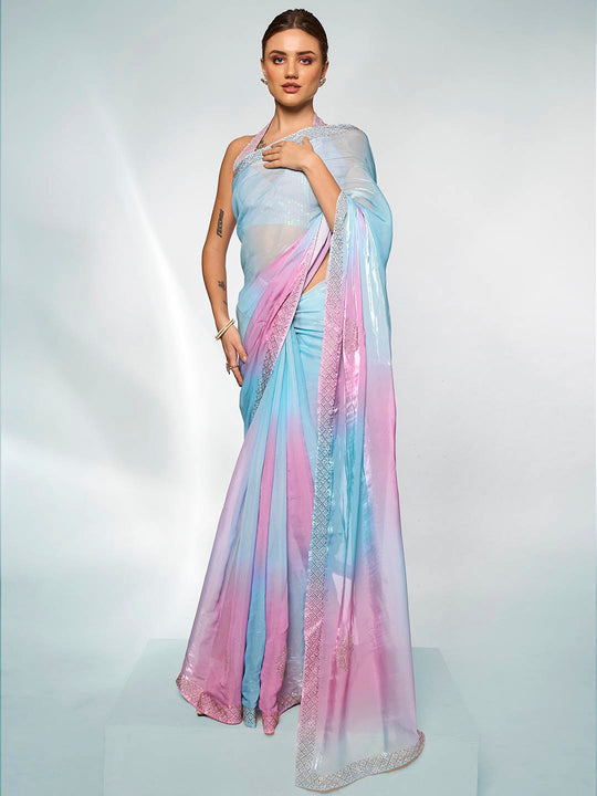 Lavender & Blue Organza Party Wear Saree With Blouse Piece Lavender & Blue Organza Party Wear Saree With Blouse Piece