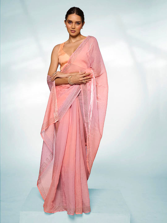 Peach Organza Party Wear Saree With Blouse Piece Peach Organza Party Wear Saree With Blouse Piece