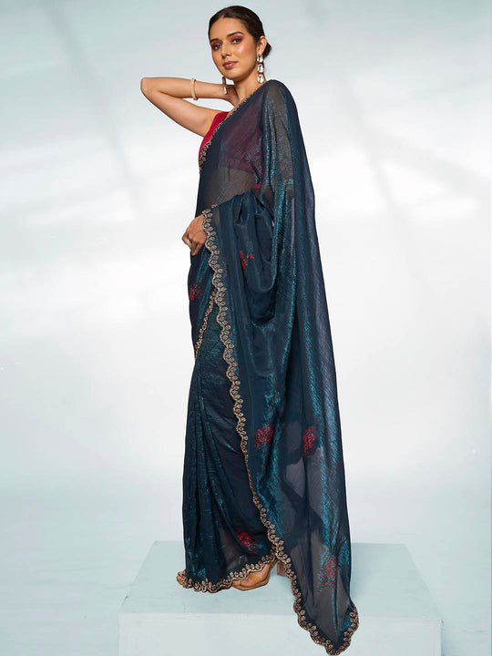 Teal Organza Party Wear Saree With Blouse Piece Teal Organza Party Wear Saree With Blouse Piece