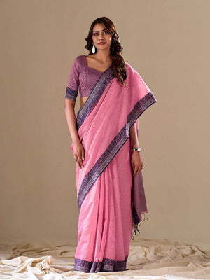 Pink Cotton Festive Wear Saree With Blouse Piece