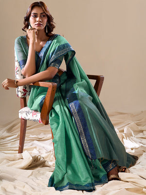 Green Cotton Festive Wear Saree With Blouse Piece